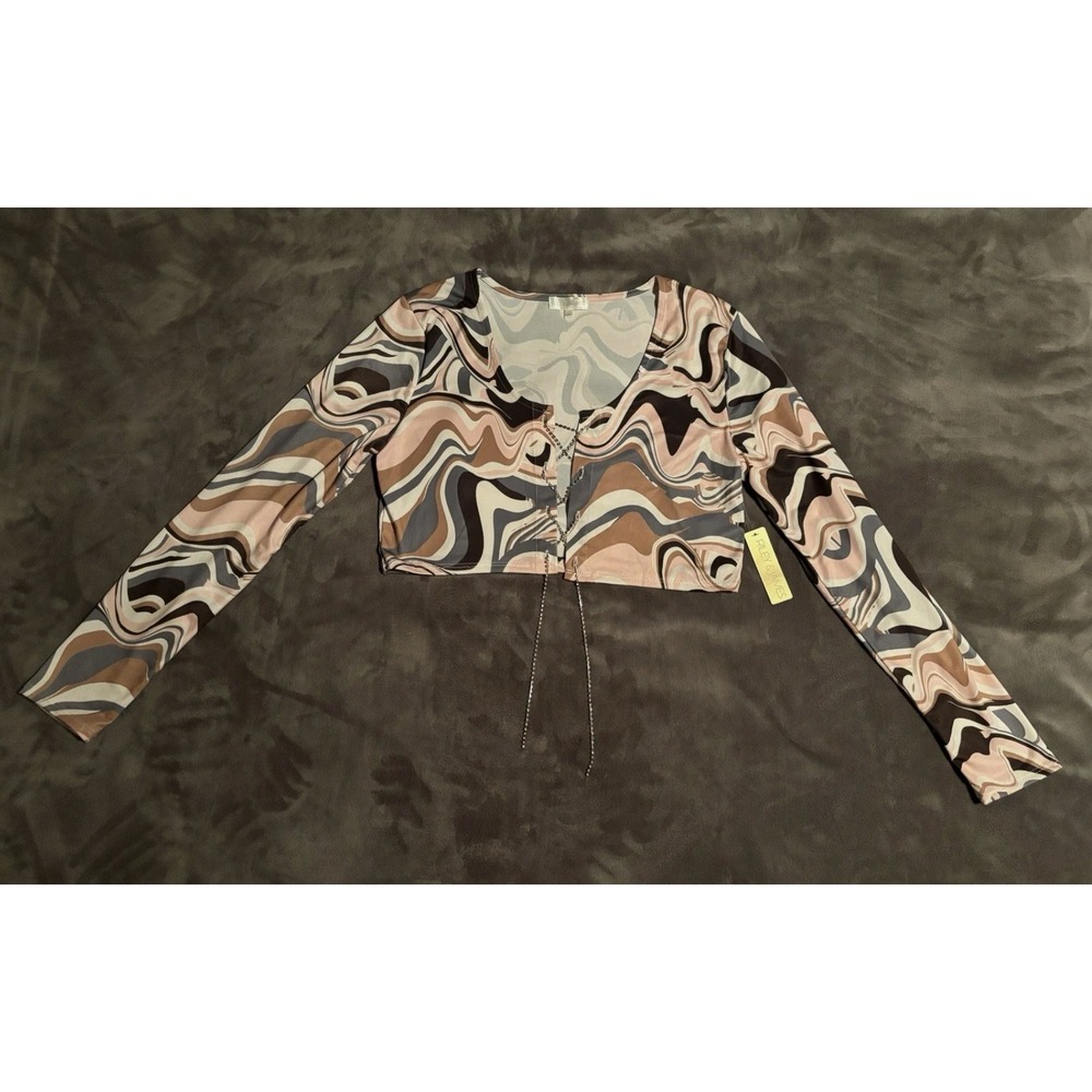 NWT Riley & James Abstract Multicolor Cropped Cardigan LS Top L Y2K McBling 70s